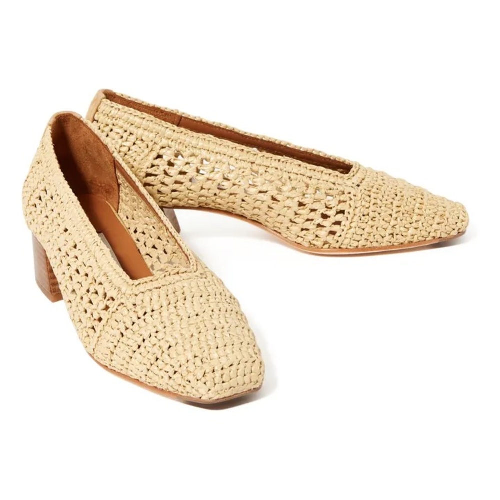 MIISTA LONDON Noa Woven Tan Raffia Legno Pump Flats with Square Toe - Size 9.5